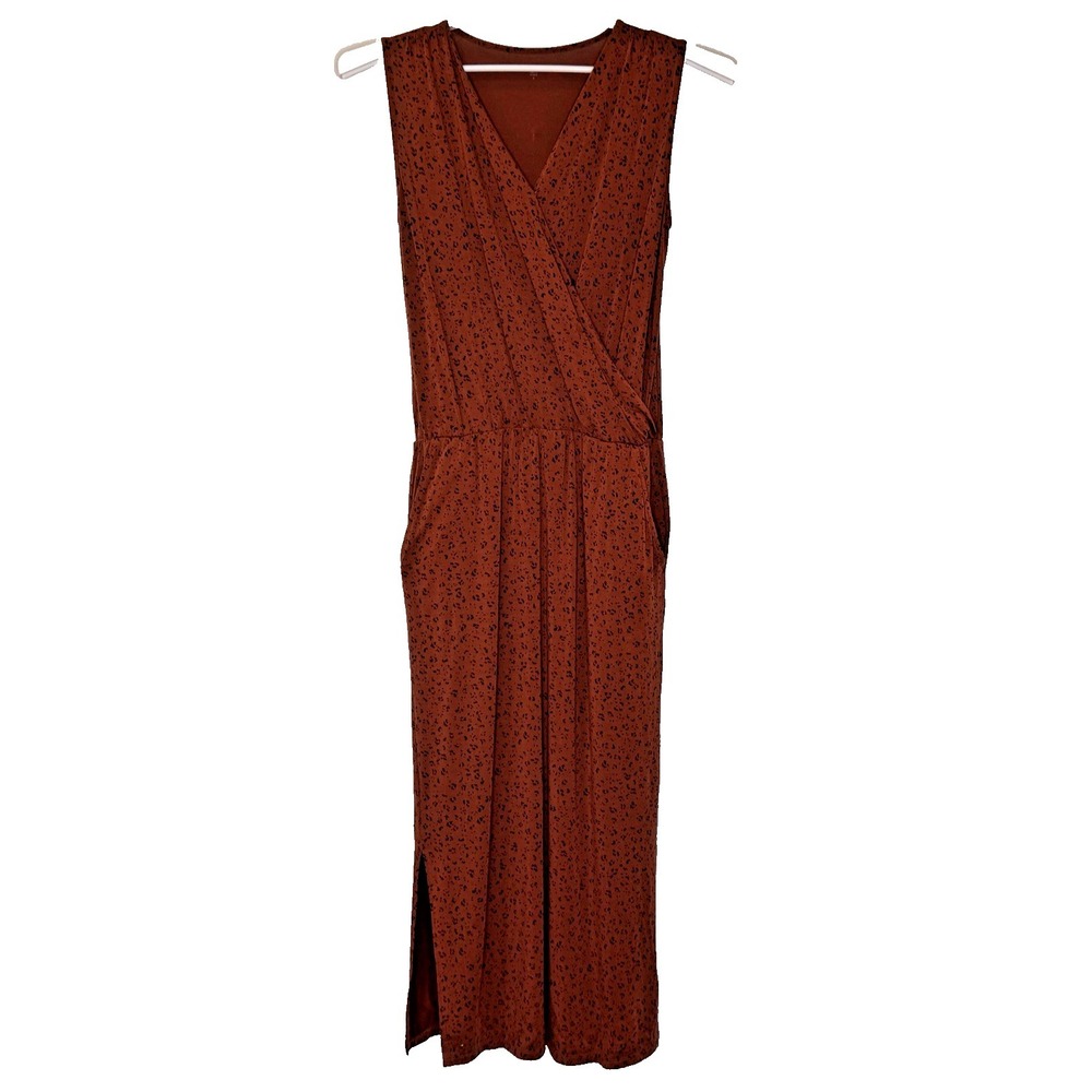 Garnet Hill Everyday Knit Midi Dress‎ Size Small Brown Surplice Neckline Pockets